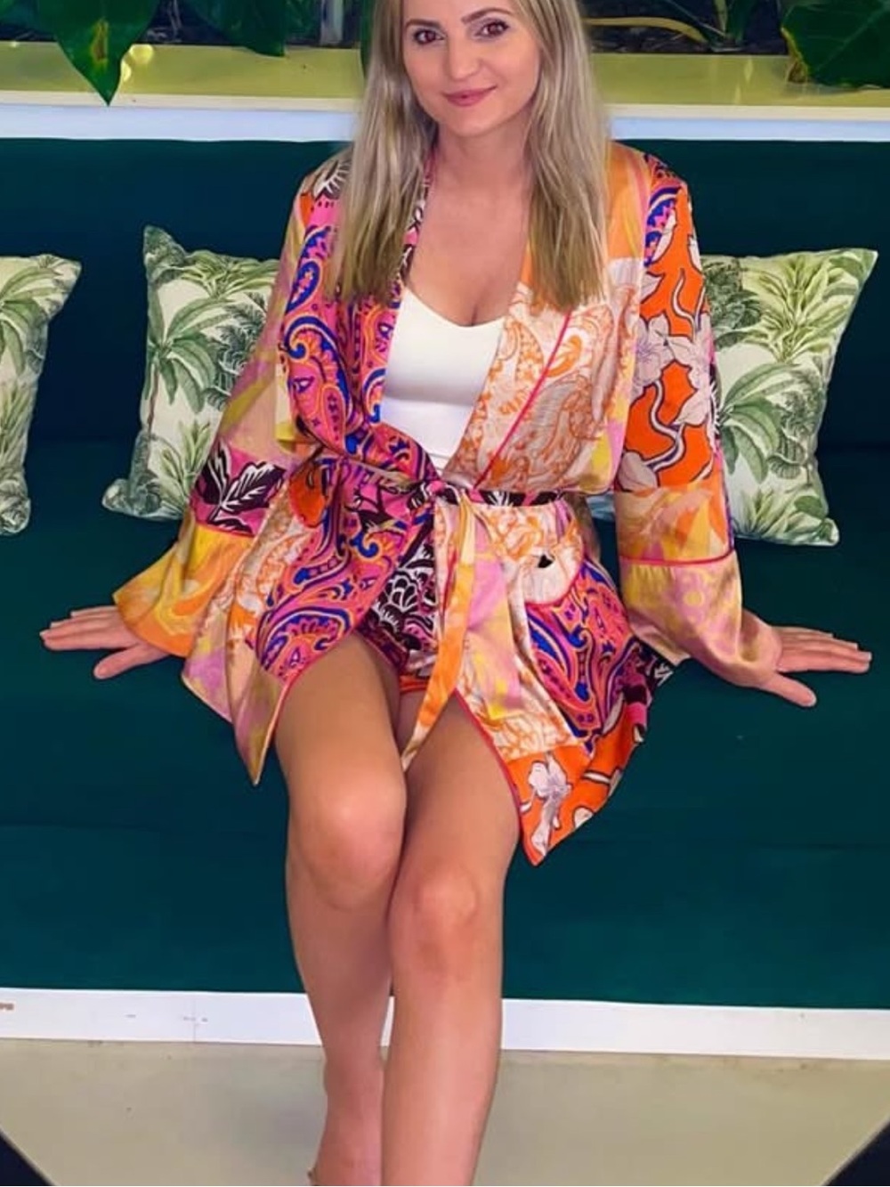 Vibrant Paisley Tie-Waist Kimono and shorts set - Pink & Orange